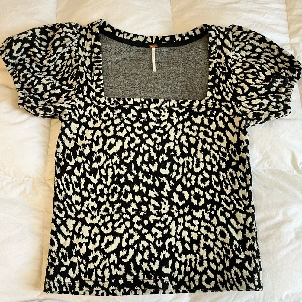 Free people leopard black/ white square neck top medium